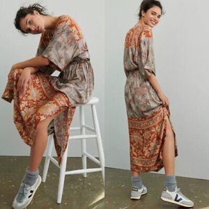 Tiny Orsina Anthropologie Rust Floral Drawstring Dress size Medium midi. EUC.